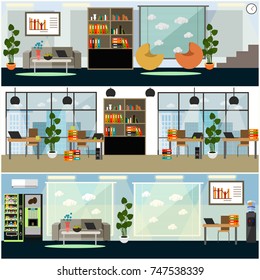 Vector set of business posters, banners. Modern office space interior with office furniture and equipment. Flat style design.