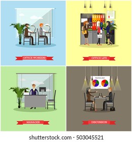 Vector set of business presentations and meetings banners. Flat design of business people or office workers. Office interior.