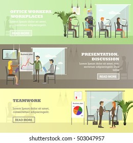 Vector set of business presentations and meetings banners. Flat design of business people or office workers. Office interior. Business development, finance, marketing, teamwork
