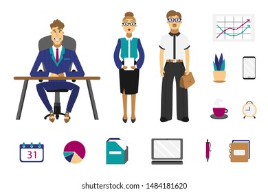 Vector set of business sphere. Director, Secretary, employee, organizers.