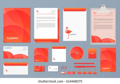 Vector set of business stationery and logo design.  Corporate identity template. Abstract flamingo logotype design.