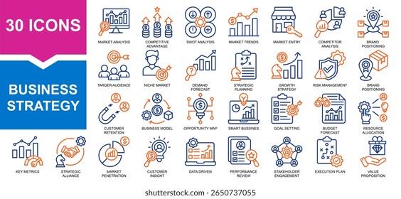 Conjunto vetorial da coleção de cores da estratégia empresarial. Contendo mercado, estratégia, marca, negócios, cliente.