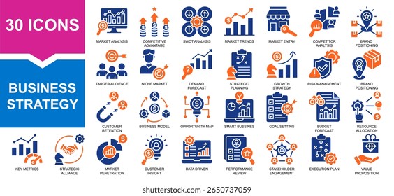 Vector set of business strategy fill collection. Containing market, strategy, brand, business, customer.