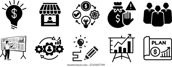 Conjunto de Vectores de estrategia de negocio y planificación financiera con ideas de bombillas, escaparate, gráficos de análisis, proceso de gestión, control de riesgos y Planes de crecimiento para presentaciones y marketing.