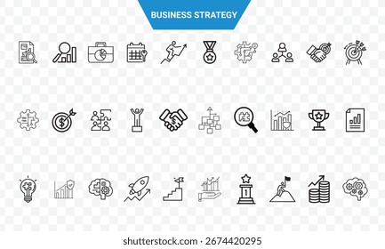 Un conjunto de Vectores de íconos de estrategia empresarial en estilo de esquema, que representan el éxito, el crecimiento, la planificación y el análisis. Incluye Elementos como gráficos, objetivos y trabajo en equipo.