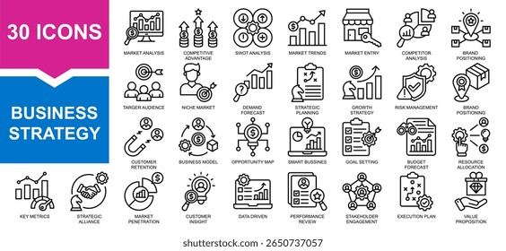 Vector set of business strategy line collection. Containing market, strategy, brand, business, customer.