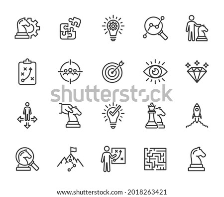 Vector set of business strategy line icons. Contains icons tactic, plan, target audience, research, problem, path, direction and more. Pixel perfect.