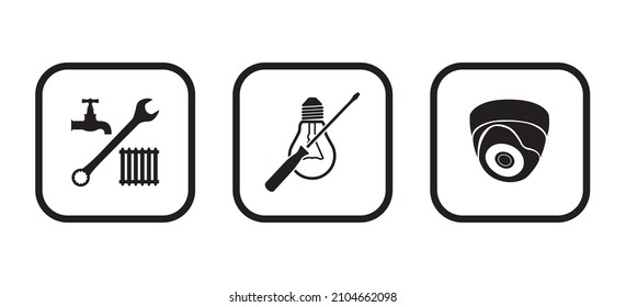 Vector set of business symbols: , faucet and wrench and heating radiator; light  bulb and screw-driver; video-cam icons   