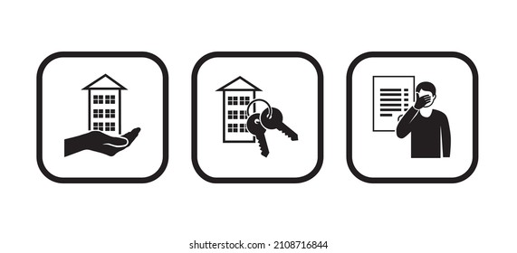 Vector set of business symbols: a house on the hand-palm; house with key chain clipped; ashamed debtor and a bill   