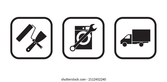 Vector set of business symbols: rolling brush and spatula, washing machine and wrench, lorry icons   