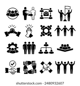 Vector set of business teamwork icons. Contains team working together, partnership, work group, agreement, handshake, assistance, alliance, hierarchical structure, collaboration,coworkers, cooperation