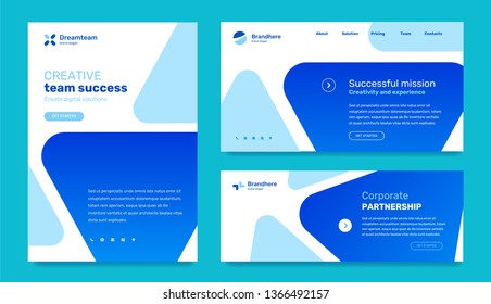 Vector set of business template with blue color triangle shape with gradient on white background. Design with icon, text, logo for web page, site, poster, mobile website development