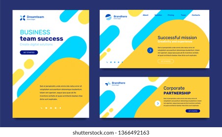 Conjunto vectorial de plantillas de negocio con forma de color azul y amarillo sobre fondo blanco. Diseño de estilo plano con icono, texto, logotipo para página web, sitio web, afiche y desarrollo de sitios web móviles