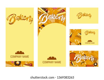 Vector set of business template and branding elements for bakery, bread shop and cafe. Design with bread and different types of baking and hand lettering. Flyer and business card design. 