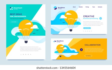 Vector set of business template with illustration with flying yellow air balloon in the form of light bulb. Idea concept with text on color background. Flat style design for web page, site, banner