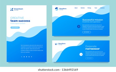 Vector set of business template on white background. Design with gradient blue color wave, icon, text, logo for web page, site, poster, mobile website development