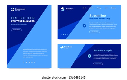 Vector set of business template with straight lines dividing layout, text, logo, icon on blue color background. Flat style design for web page, site, poster, mobile website development