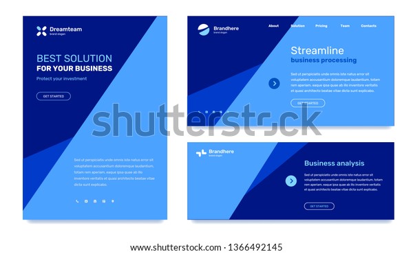 Vector set\
of business template with straight lines dividing layout, text,\
logo, icon on blue color background. Flat style design for web\
page, site, poster, mobile website\
development