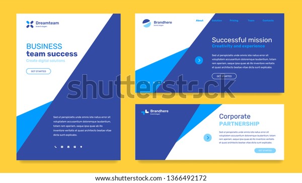 Vector set of business template with straight\
blue color lines dividing layout on white background. Flat style\
design with text, logo, icon for web page, site, poster, mobile\
website development