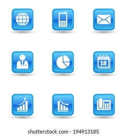 Vector set of business web icon and design elements on blue glossy badges for business and corporate related website. EPS 10 illustration on white background.