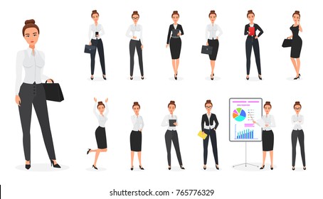 Vector Set of business woman character. Office female.