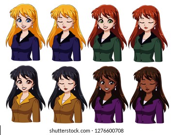 Vector set of business woman characters with opened and closed eyes. Beautiful cartoon girls with long hair portrait isolated on a white background. Hand drawn. 