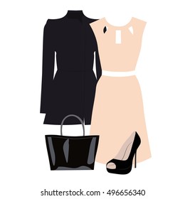 Vector set of business women clothing, dress, high heels and handbag