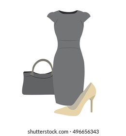 Vector set of business women clothing, dress, high heels and handbag