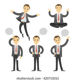 Vector set of businessman. Cartoon businessman poses and gestures. Concept of leadership and create ideas in business