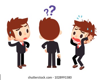 Conjunto de vectores de carácter de hombre de negocios en diferentes acciones, expresiones aisladas en fondo blanco