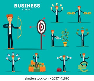 Vector set of businessman character poses, gestures and actions. Vector illustration.