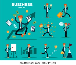 Vector set of businessman character poses, gestures and actions. Vector illustration.