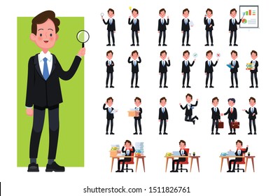 vector set of businessman character poses, gestures and actions. Office worker professional standing, walking, talking on phone, working, jumping, searching, and more.