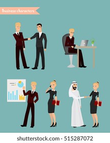 vector set of businessman and businessman character poses, gestures and actions. Office worker professional talking on phone, working, negotiations with the Arabic businessman and businesswoman