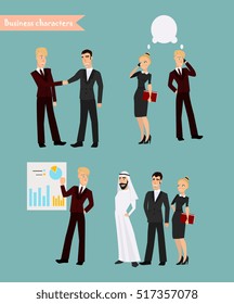 vector set of businessman and businessman character poses, gestures and actions. Office worker professional talking on phone, working, negotiations with the Arabic businessman and businesswoman