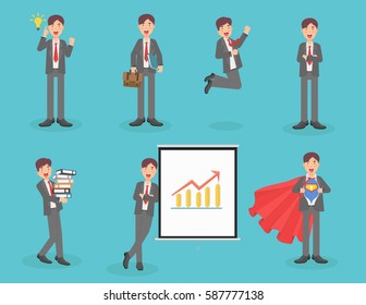 vector set of businessman character poses, gestures and actions. Office worker professional standing, walking, talking on phone, working, jumping, searching, and more.