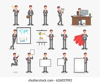 vector set of businessman character poses, gestures and actions. Office worker professional standing, walking, talking on phone, working, jumping, searching, and more.