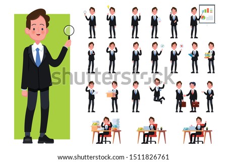 vector set of businessman character poses, gestures and actions. Office worker professional standing, walking, talking on phone, working, jumping, searching, and more.