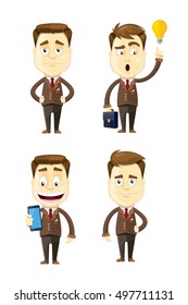 vector set of businessman in classic style in different poses. manager with smartphone. Isolate on white background