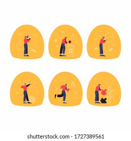 Vector set of businessman in different action poses with accessories. Funny characters illustrations