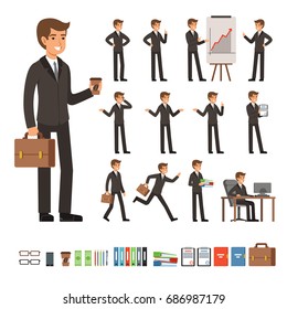 Vector set of businessman in different action poses with accessories. Funny characters illustrations