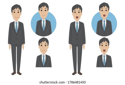 Vector set of businessman,whole body,upper body and icon,smile.