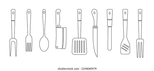 Conjunto de vectores de los suministros de carnicero y bbq sobre fondo blanco.Iconos lineales BBBQ vectores. Cuchillos de carne, tenedor de parrilla, espátula. Herramientas de cocina