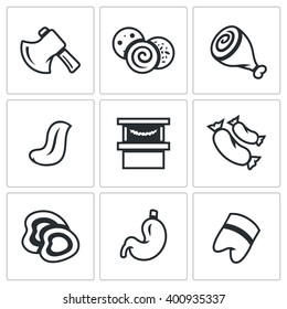 Vector Set of Butcher Shop Icons. Ax, Sausage, Ham, Language, Sale, Sausages, Cutting, Stomach, Pig foot. Meat processing, manufacturing production and its implementation.