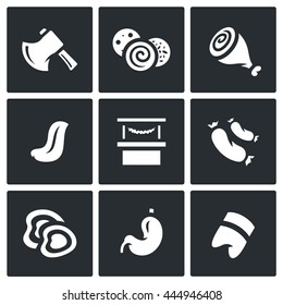 Vector Set of Butcher Shop Icons. Ax, Sausage, Ham, Language, Sale, Sausages, Cutting, Stomach, Pig foot. Meat processing, manufacturing production and its implementation.
