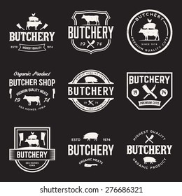 vector set of butchery labels, badges and design elements with grunge textures