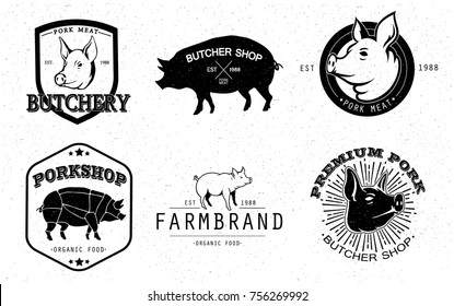 vector set of butchery labels, badges and design elements with grunge textures
