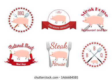 Vector set of butchery logos, icons. Steak house, organic market, meat farm and product shop. Illustration with cartoon pig.