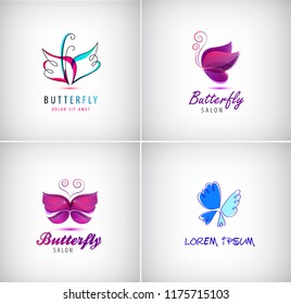 Vector set of butterflies, abstract logos. Flight, wings signs. Beauty salon, spa