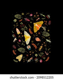 Vector set with butterflies and beetles on a black background. Print on clothes with insects.